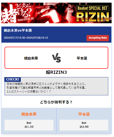 超RIZIN3 平本蓮vs朝倉未来 オッズ情報